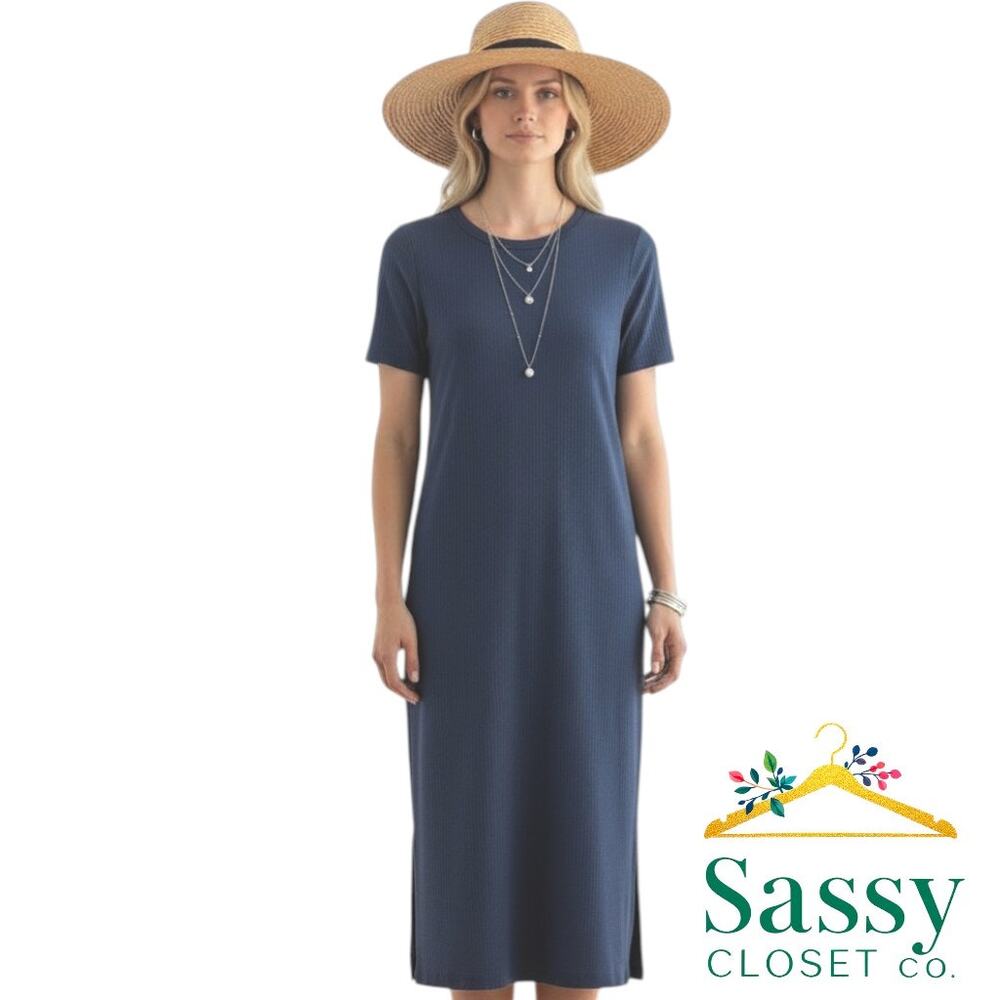 ✨ NICOLE MILLER Navy Ribbed Knit Midi Dress M Pockets Side Slits EUC 🌊